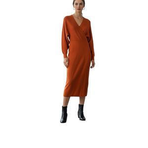 Size L Long Sleeve Ribbed Fall Winter Long Sleeve Wrap Midi Dress Burnt Orange